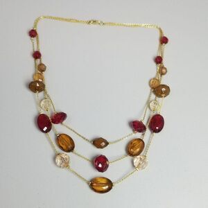 Vintage Avon SP Red Brown Acrylic Station Bead Triple Layer Necklace, Gold Tone